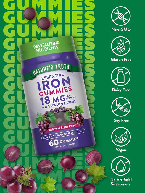 Natures Truth Iron Gummies, 60 Count, Vegan, Non-GMO, Gluten Free Supplement, with Zinc & B Vitamins, Grape Flavor