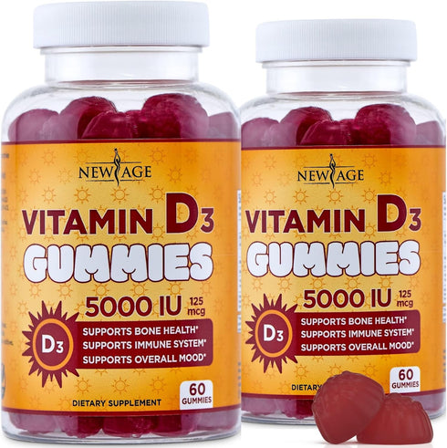 NEW AGE Vitamin D3 5000 IU Gummies, Immune Support, Strong Bone Health - 120 Gummies (Pack of 2)