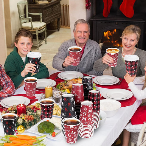Hauwellter 100 Set 12oz, Christmas Disposable Coffee Cups with Lids Bulk Red and Black Xmas Holiday Hot Chocolate Party