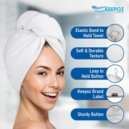 KEEPOZ Hair Towel Wrap - Quick Dry 100% Cotton Super Absorbent Turban Head Wrap for Women, 2 Pcs