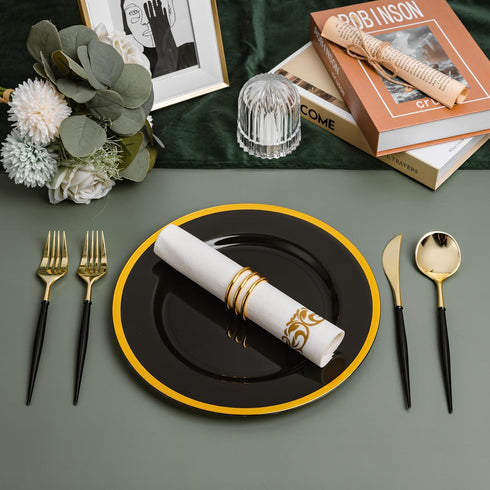 N9R 90PCS Gold Plastic Silverware Set with Black Handle, Heavy Duty Fancy Plastic Cutlery for Birthday and Everyday Use