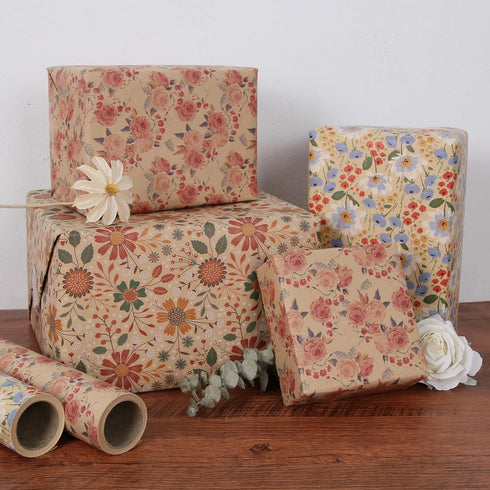 Aimyoo Kraft Floral Wrapping Paper Bundle, Vintage Spring Flowers Rose Gift Wrap Paper, 3 Rolls 17 in x 16 ft per Roll