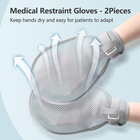 Medical Restraint Gloves - 2Pcs Hand Protective Gloves for Dementia Patients, Elderly, Autistic Child, Gray