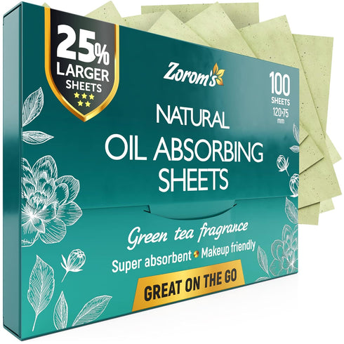 Natural Green Tea Oil Blotting Sheets for Face, 25% Larger, 100 Makeup Friendly Oil Absorbing Papers