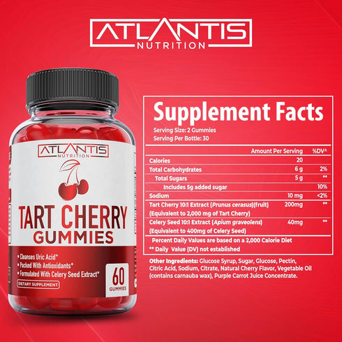 Tart Cherry Gummies with Celery Seed Extract - Advanced Uric Acid Cleanse for Gout Relief, 60 Gummies