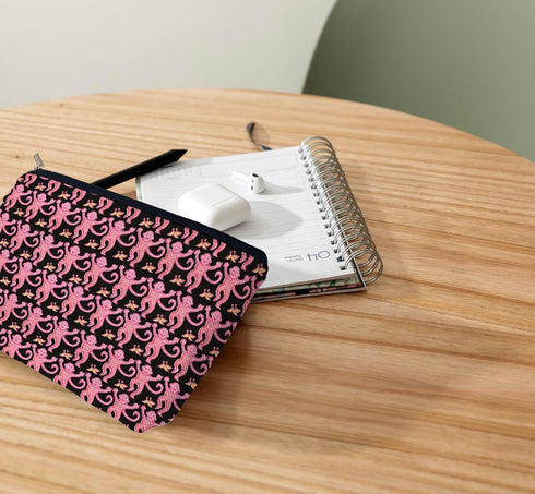 Preppy Pink Makeup Bag, Women's Zipper Pouch for Travel Toiletry, Gifts for Monkey Lovers Teen Girls