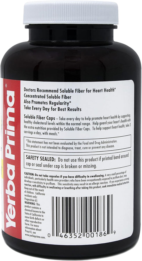 Yerba Prima Soluble Fiber Formula Capsules, 180 Count - Premium Dietary Fiber Supplement, Natural, Concentrated Soluble Fiber, Gluten Free, Non-GMO, Made in USA