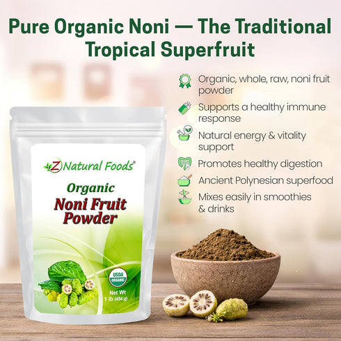 Packed 1 lb Z Natural Foods Noni Fruit Powder - Organic Raw Non-GMO Gluten-Free Superfood - Supports Healthy Digestion