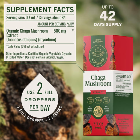 Immune Immunity 42-Day HERBAMAMA Chaga Mushroom Tincture - Vegan Support & Defense with Chaga Mushroom Extract Drops