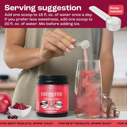 KEY NUTRIENTS Multivitamin Electrolytes Powder, Sweet Cherry Pom, No Sugar, 90 Servings
