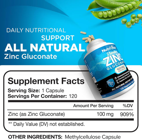 Nutrivein Premium Zinc Gluconate 100mg - 120 Capsules - Immunity Defense Boosts Immune System & Powerful Antioxidant - Promotes Healthy Skin and Acne Defense - Essential Elements for Absorption