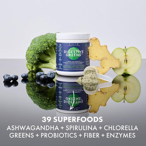 BIOHM Essential Digestive Greens, Green Superfood Powder with Antioxidants, Vitamins, and Probiotics, Super Greens, Digestion Supplement with Enzymes, Ashwagandha, Spirulina, Chlorella, Berry Flavor