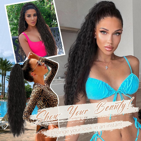 ORSUNCER Long Wavy Ponytail Extension, Black Brown 30" Curly Clip in Hair Extensions for Women