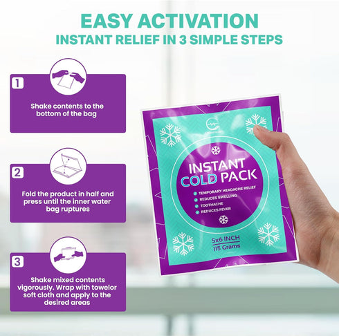 Instant Ice Cold Pack (6” x 5”) - 25 Disposable Instant Ice Packs for Injuries, Cold Compress for Pain Relief,