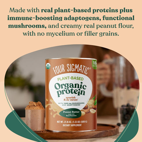 Four Sigmatic Organic Plant-Based Protein Powder, Peanut Butter Flavor, Clean Vegan Protein, 21.16 oz