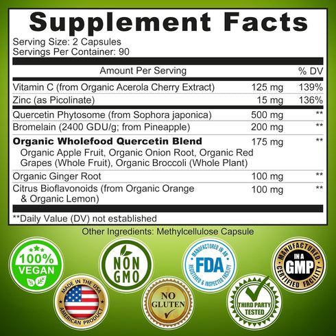 Quercetin with Bromelain, Vitamin C and Zinc, Organic Whole Food Quercetin Blend - 180 Count Capsules