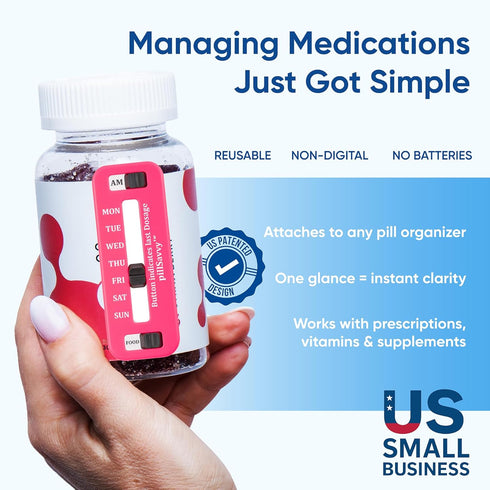 PillSavvy 5 Pack) Daily Pill Tracker Non-Digital, Reusable Medication Reminder for Bottles & Organizers Easy to Use