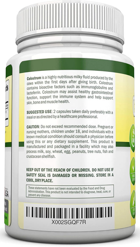 Colostrum - 1000mg - 120 Capsules - Non-GMO US Dairy, First Milking Bovine Colostrum for Immune Support and GI Health