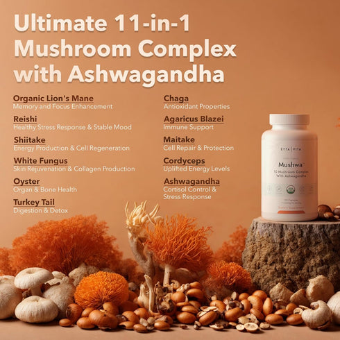 USDA Organic Lions Mane Supplement Capsules - 10x Adaptogenic Mushroom Complex - 18,600mg/serv with Ashwagandha, Chaga,