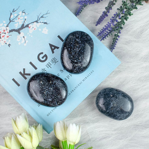 Indigo Gabbro Palm Stone, Large Oval Worry Stone for Chakra Healing, Hand Carved Pocket Massage Stone (55-60mm)