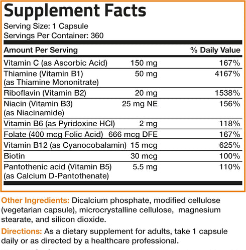 Bronson Vitamin B Complex with Vitamin C - 360 Vegetarian Capsules for Immune Health, Energy Support