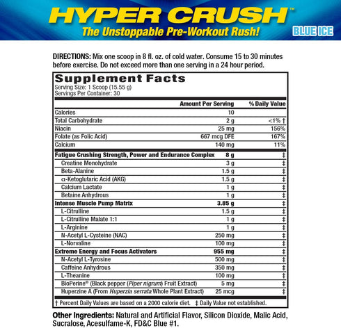 Maximum Human Performance MHP HYPER CRUSH Pre Workout | Energy Drink with Creatine, Beta Alanine | 30 Servings, Blue