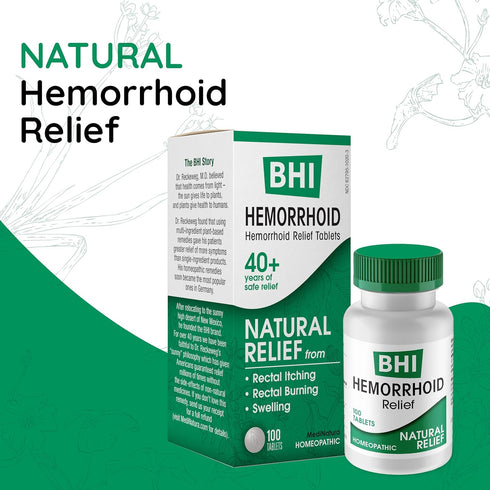 BHI Natural Hemorrhoid Relief for Burning, Swelling, Itching, Rectal Pain & Discomfort, 100 Tablets for Women & Men
