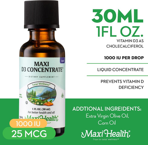 Maxi Health Vitamin D3 Concentrate, 1000 IU Per Drop, Dietary Supplement, 1 fl oz