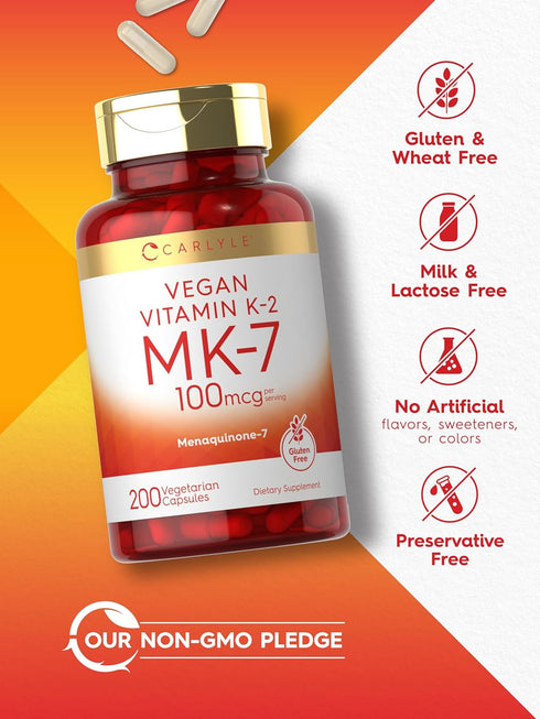 Carlyle Vitamin K2 MK7 100mcg - 200 Vegan Capsules, Menaquinone-7 Supplement, Non-GMO, Gluten Free