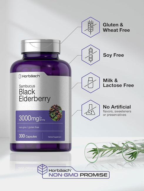 Horbaach Black Elderberry | 3000mg Capsules | 300 Count | Non-GMO, Gluten Free Sambucus Supplement