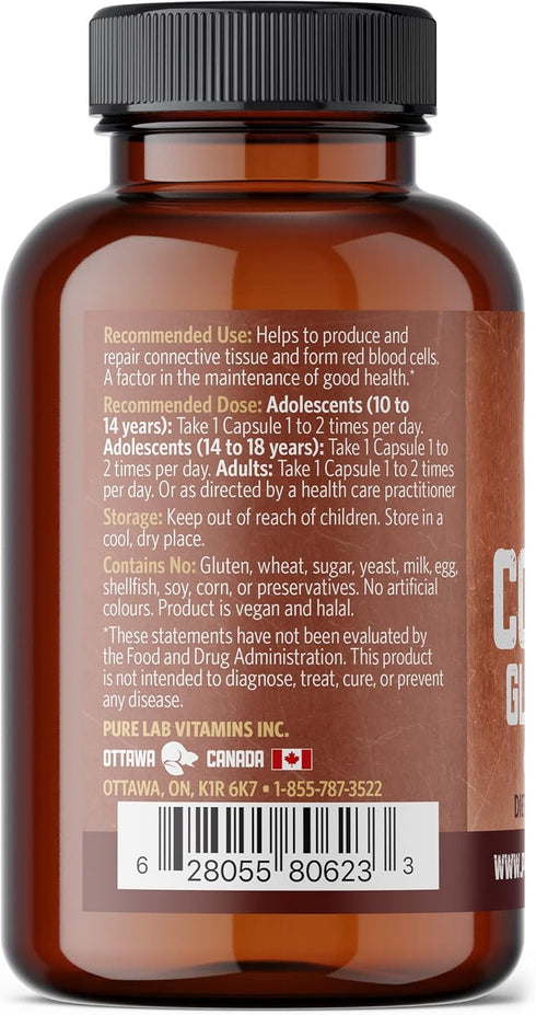Copper Glycinate Mineral Supplement -1 mg - 60 Vegan Caps by Pure Lab Vitamins - Essential for Collagen Production, Supports Immune System & Red Blood Cell Formation - Gluten Free Made in Canada