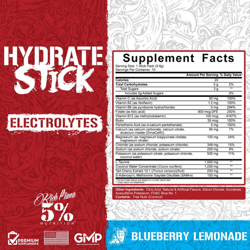 5% Nutrition Hydrate Stick Hydration Packets, Sport Electrolyte Powder Mix, Blueberry Lemonade, 10 Count