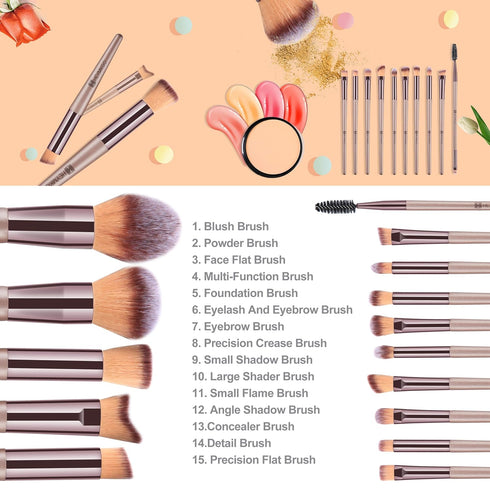 HEYMKGO 15PCS Champagne Gold Professional Makeup Brush Set with Bag, Foundation, Blending, Powder, Blush, Concealer,