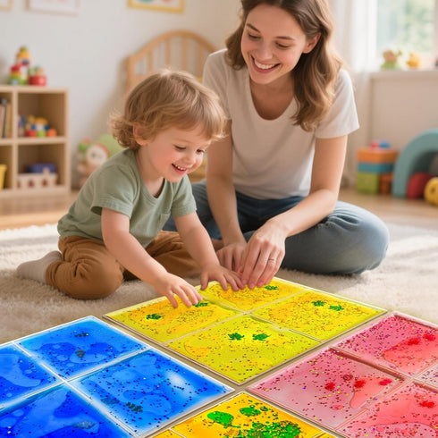 JUEOQOY 3+ 12" (9-Pack) Squishy Liquid Sensory Tiles for Kids Ages Soft Tactile Visual Pads with Ocean Creatures