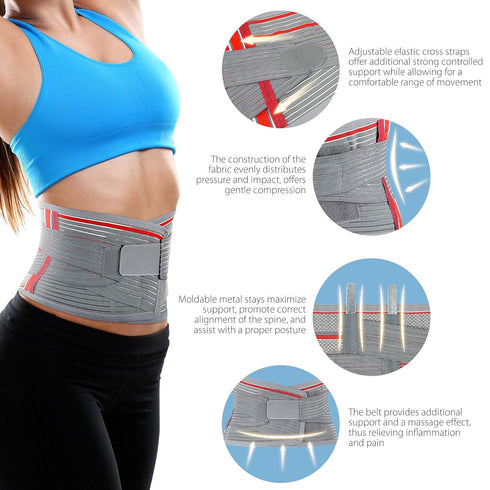 ORTONYX Lumbar Support Belt, Ergonomic Design, Breathable Material, M/L, Gray/Red