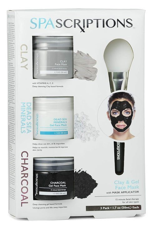 SpaScriptions Dead Sea, Charcoal, & Clay Gel Face Mask with Silicone Applicator - 3 Pack, 1.7 oz each