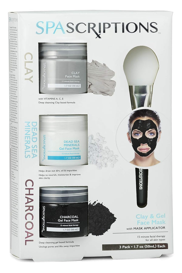 SpaScriptions Dead Sea, Charcoal, & Clay Gel Face Mask with Silicone Applicator - 3 Pack, 1.7 oz each
