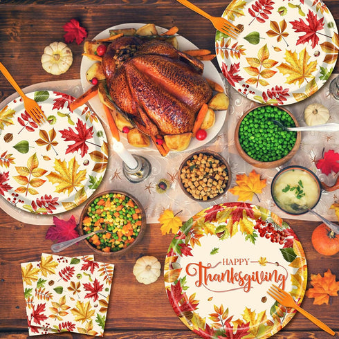 Temicle 96 Set 24 Pieces Fall Leaves Thanksgiving Tableware Autumn-Themed Disposable Party Supplies with Paper Plates