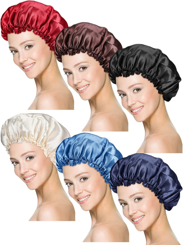 Syhood 6 Pieces Satin Bonnet Sleep Cap, Soft Elastic Night Hair Cover for Women in Red, Navy Blue, Dark Blue, and More