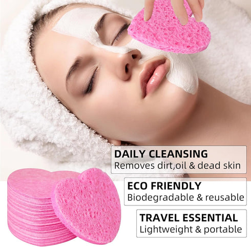 Women 60-Count Compressed Cellulose Heart Shape Face Sponges - 100% Natural Cosmetic Sponges for Cleansing &