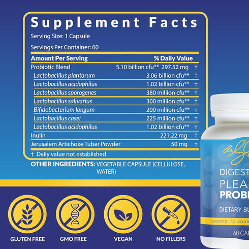 Dr. Liz Cruz Pleasant PROBIOTICS, 60 Veggie Capsules, Dietary Supplements with Proprietary Probiotic & Prebiotic Blend