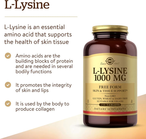 Solgar L-Lysine 1000 mg, 250 Tablets - Enhanced Absorption and Assimilation - Promotes Integrity of Skin and Lips -