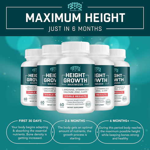 Height Growth Maximizer, Calcium, Vitamin D3 and Zinc Blend Pills, Bone Growth Supplement for Kids and Teens, 60 Caps