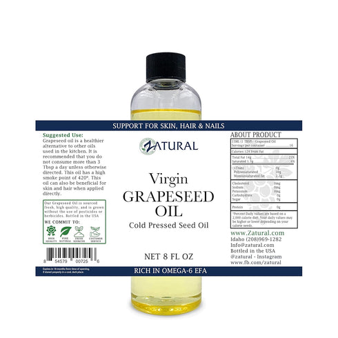 Zatural Grapeseed Oil - 100% Pure Cold Pressed Virgin High Temperature Cooking Oil (8oz)