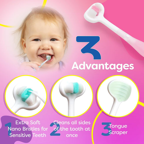 Extra Soft Toddler Toothbrush with 10,000 Bristles, High Efficient 3 Sides Baby Toothbrush, 3 Pack