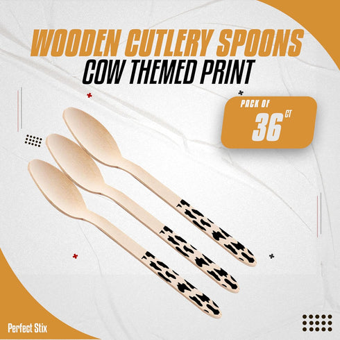 Perfect Stix Green Spoon 158-Moo-36, Wooden Cutlery Spoons with Cow Print (Pack of 36)