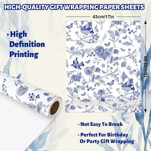 JarThenaAMCS Blue White Floral Wrapping Paper Roll Chinoiserie Flower Bird Gift Wrap Paper Decorative DIY Art Craft Paper for Wedding Birthday Baby Shower Party Supplies, 17 Inch x 32.8 Ft