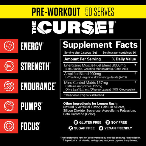 JNX SPORTS The Curse! Pre Workout Powder - Lemon Rush, 50 Servings, Boost Strength, Energy + Focus