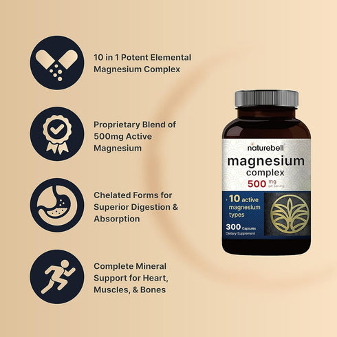 NatureBell Magnesium Complex Supplement 500mg - 300 Capsules with 10 Active Forms for Bone, Heart, & Muscle Support