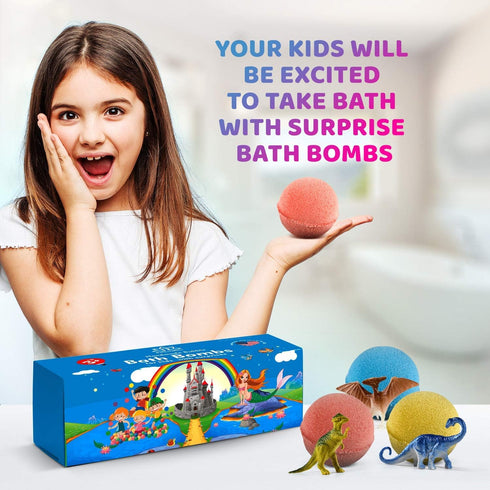 Organic Dino Bath Bombs for Kids, 3 Large Bath Bomb Kit with Surprise Dinosaurs Inside